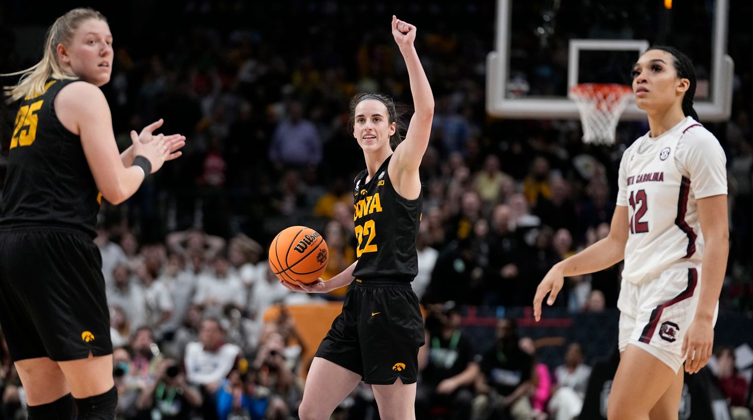 Iowa’s Caitlin Clark celebrates during a win vs. South Carolina.